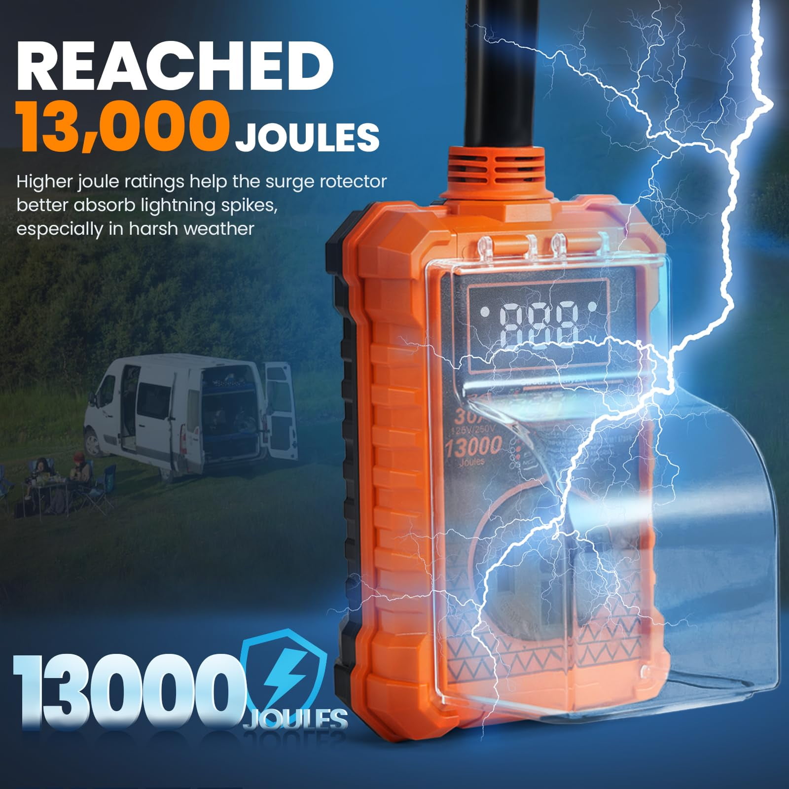 Portable Rv Surge Protector, 30 Amp Rv Circuit Analyzer, 13000 Joules Surge Guard Protection with Waterproof Cover, and LED Display, RV Adapter Plug for Camper, Travel Trailers, Orange