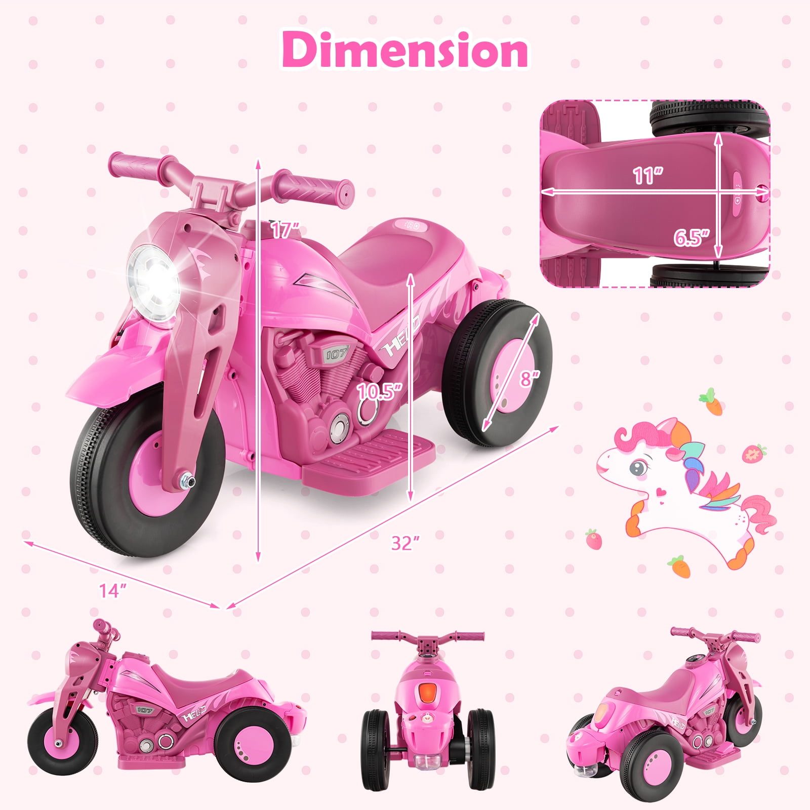 Costway 6V Kids Bubble Car Electric Ride on Motorcycle with Music Button & LED Headlight Pink