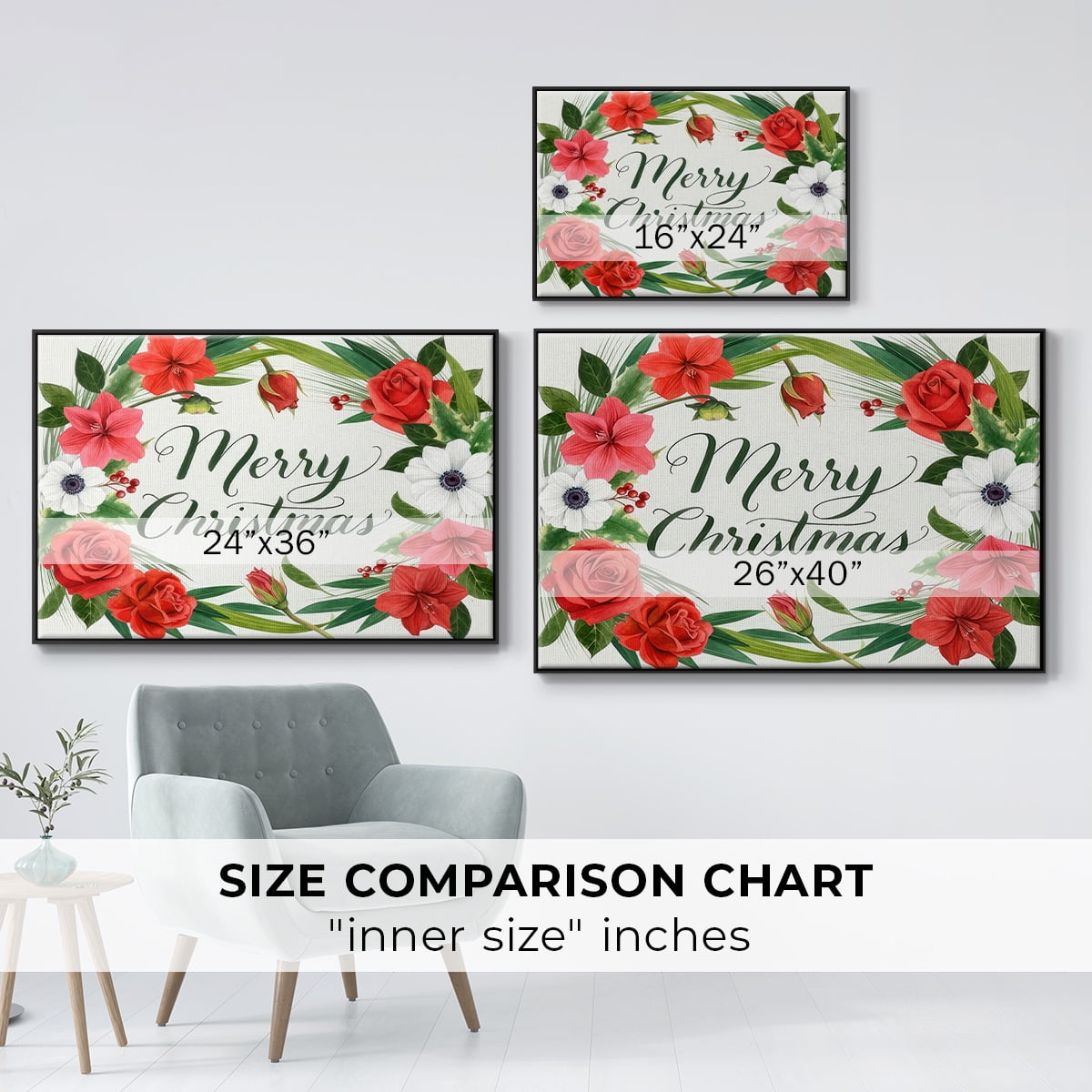 Christmas Flora Wreath Collection A - Framed Gallery Wrapped Holiday Canvas - 25 x 37 - Black Frame