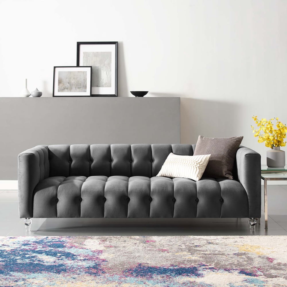Modway Mesmer Channel Tufted Button Performance Velvet Sofa in Charcoal