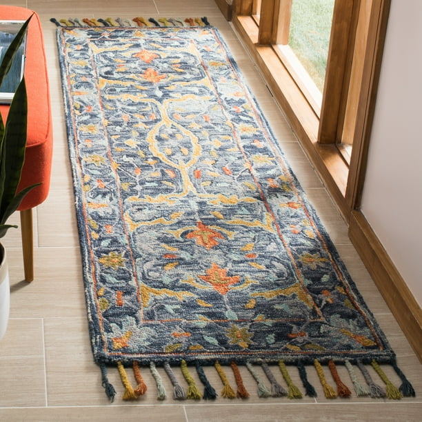 SAFAVIEH Aspen Peter Floral Bordered Wool Runner Rug, Blue/Rust, 2'3" x