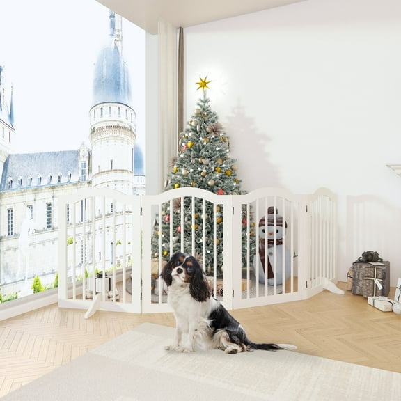 Yoneston 27.6" Height Pet Gate Folding 4 Panels for Doorways,Height Tall Freestanding Pet Dog Gate,2 pcs Support Feet Ideal for Stairs,White