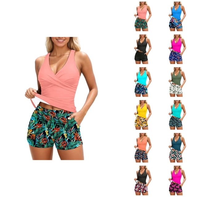 Womens Tankini Bathing Suits 2026 Casual Modest Deep V Neck Crossover Top with Swim Shorts Two Piece Bathing Suits for Women