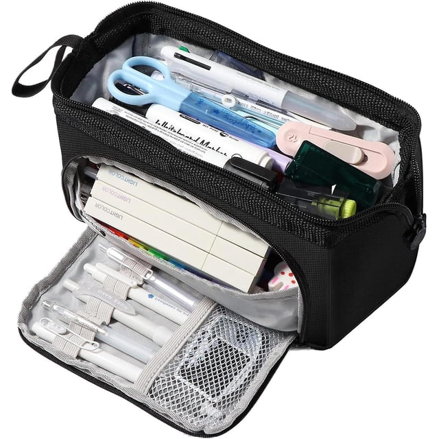 Estuche escolar para niños, gran capacidad con 3 compartimentos, estuche organizador de útiles escolares de papelería estética (negro)