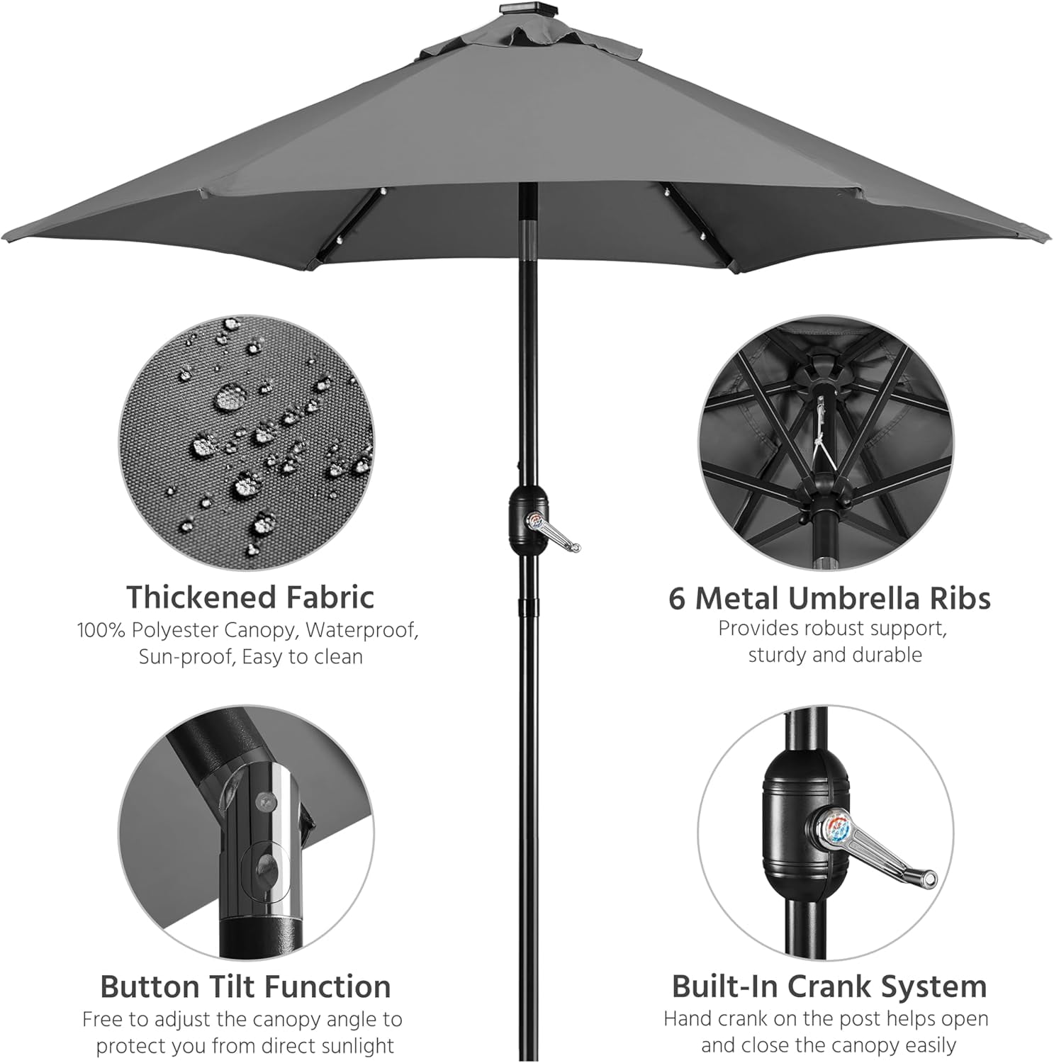 7.5 ft Solar LED Patio Umbrella with Tilt and Crank, Market Style Sunshade for Outdoor Use, Grey