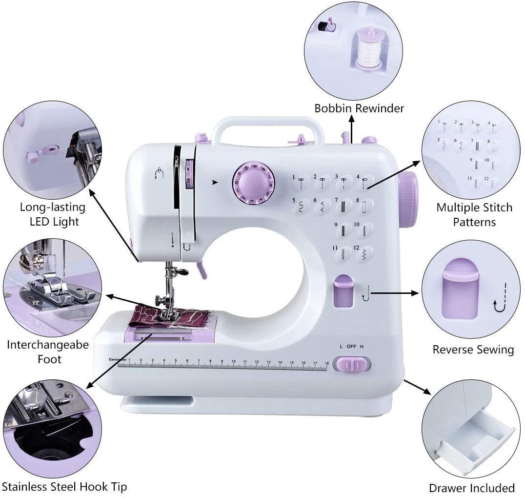 VIFERR Mini Sewing Machine for Beginners and Kids, Sewing Machines with Reverse Sewing and 12 Built-in Stitches, Portable Sewing Machine