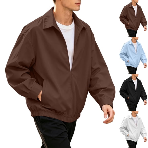 Hulanddfd Mens Jacket Zip Up Collared Bomber Coat, Brown Long Sleeve Casual Outerwear with Pockets & Ribbed Hem, Daily Wear