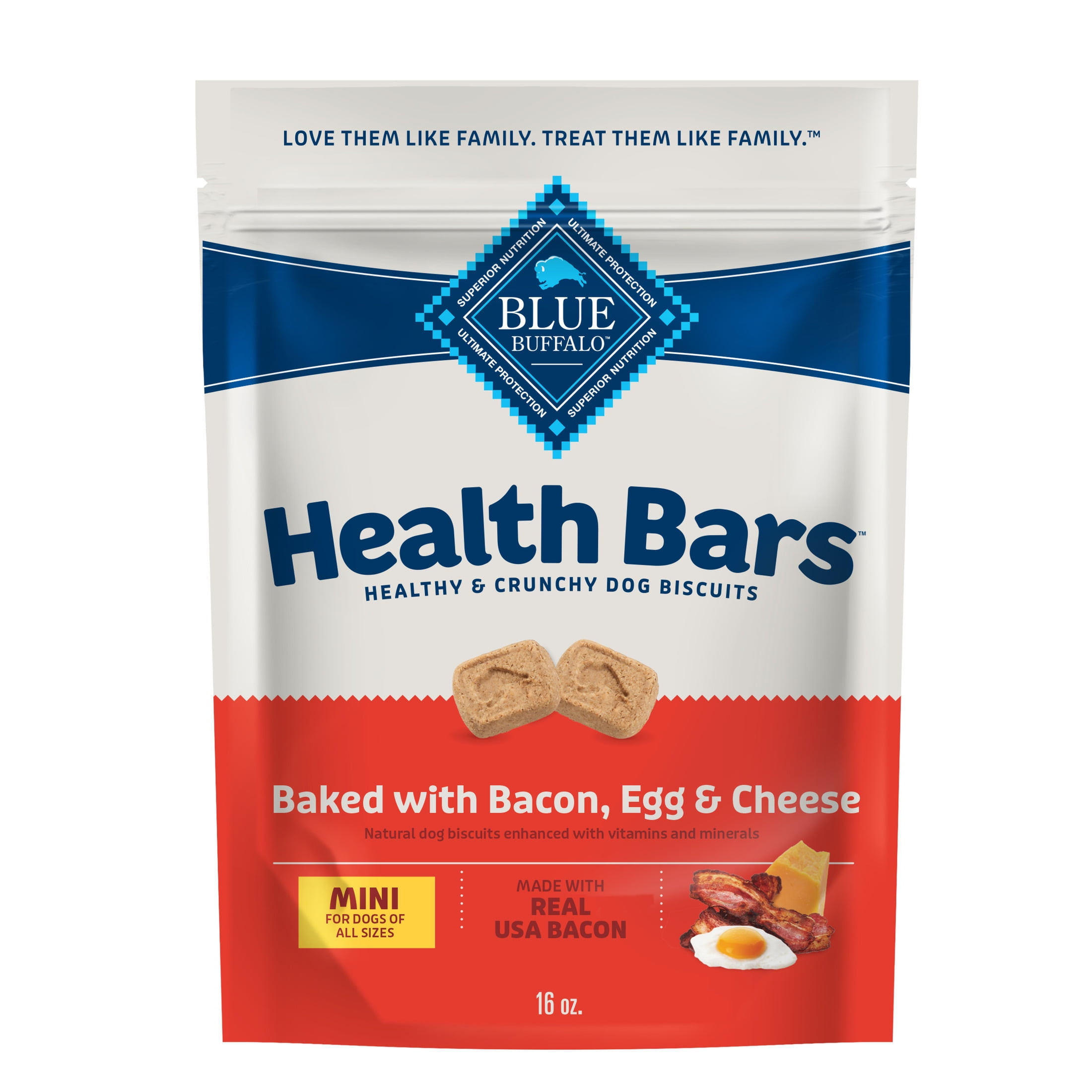 (4 pack) Blue Buffalo Health Bars Mini Crunchy Dog Biscuits, Oven-Baked with Natural Ingredients, Bacon, Egg & Cheese, 16-oz Bag