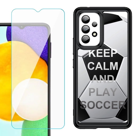 Shockproof Bumper (Black Frame) phone Case for Samsung Galaxy A23 5G, with Tempered Glass Screen Protector, by OneToughShield ® - Keep Calm Soccer