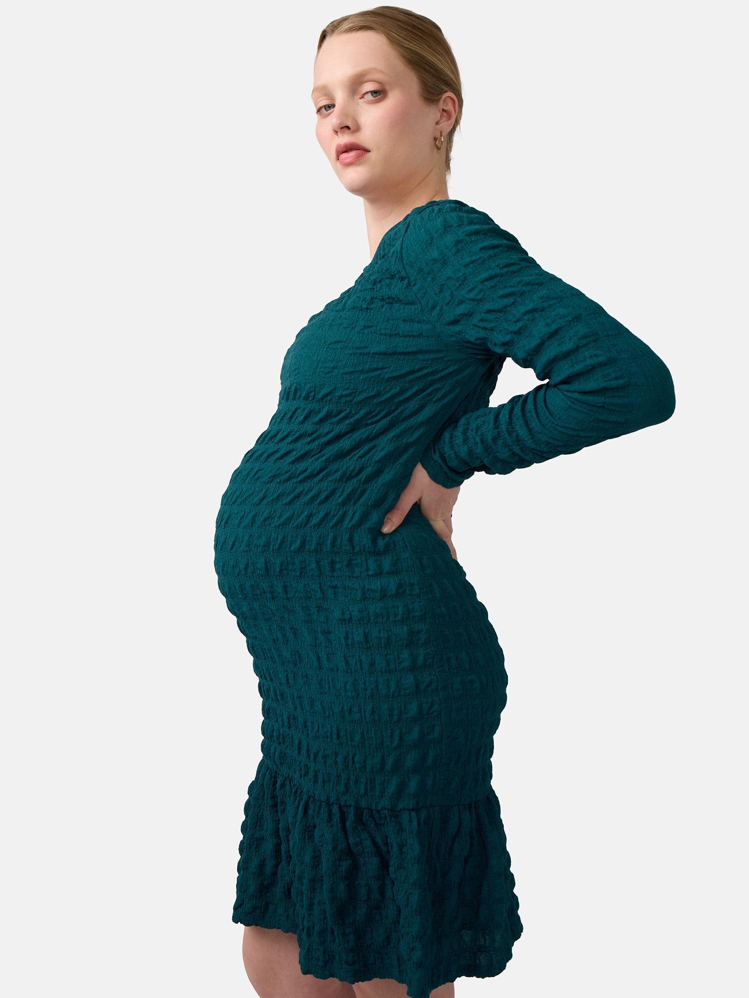 Ingrid & Isabel For Every Belly Women’s Maternity Smocked Midi Dress with Long Sleeves, Sizes S-XXL