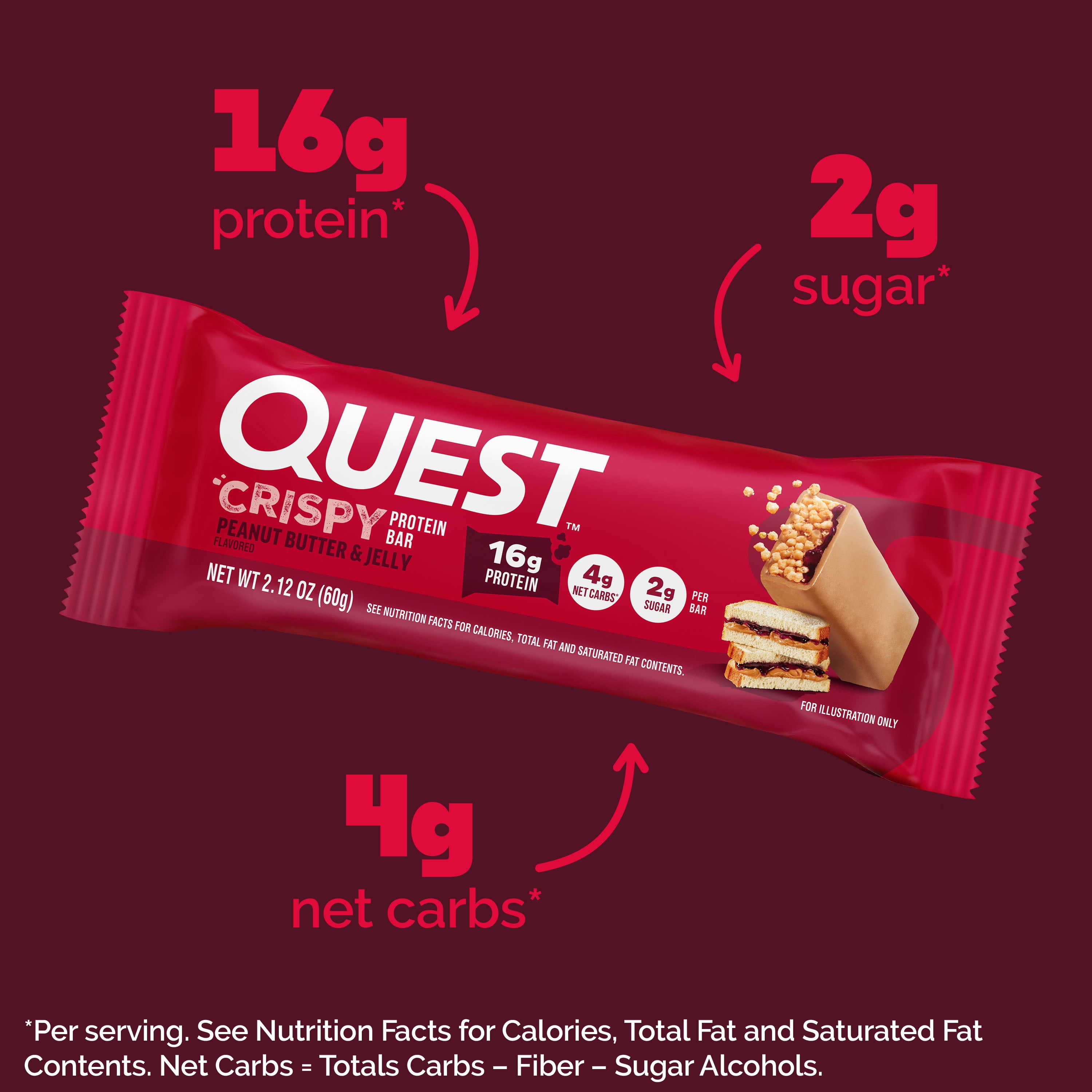 Quest Crispy Protein Bar, Peanut Butter and Jelly Flavor, High Protein, Gluten Free, 2.12oz, 12 Count