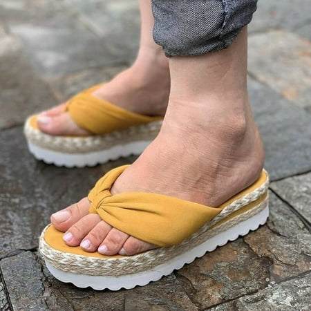 

absuyy Womens Slide Sandals- Slip-on Open Toe Roman New Style Casual Beach Weave Summer Flat Slide Sandals #501 Yellow-6.5-7