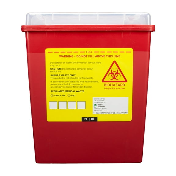 Sharps Container, 2 Gallons, Locking Top Flap, Polypropylene, Each