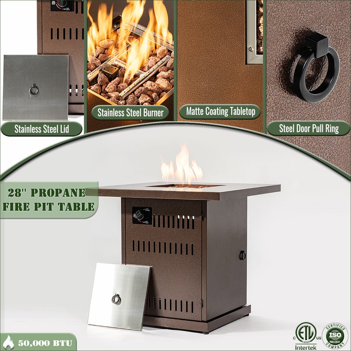 28" Fire Pit Table, Propane Fire Pit with Lid, Lava Rocks, 50000 BTU Outdoor Gas Fire Pit, Metal Square Propane Fire Pit for Outside Garden Backyard Deck Patio, Brown, LLL4008