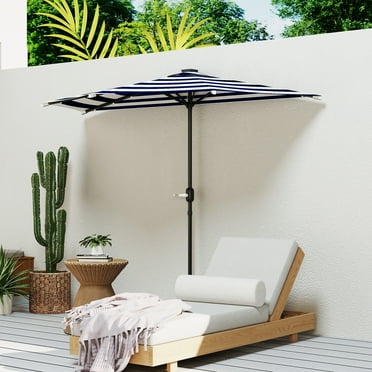 Outsunny Half Umbrella Outdoor Patio Umbrella, UPF 30  Small Balcony Umbrella, Vented Tiltable Half Patio Umbrella with Crank 8 Ribs, Navy Blue