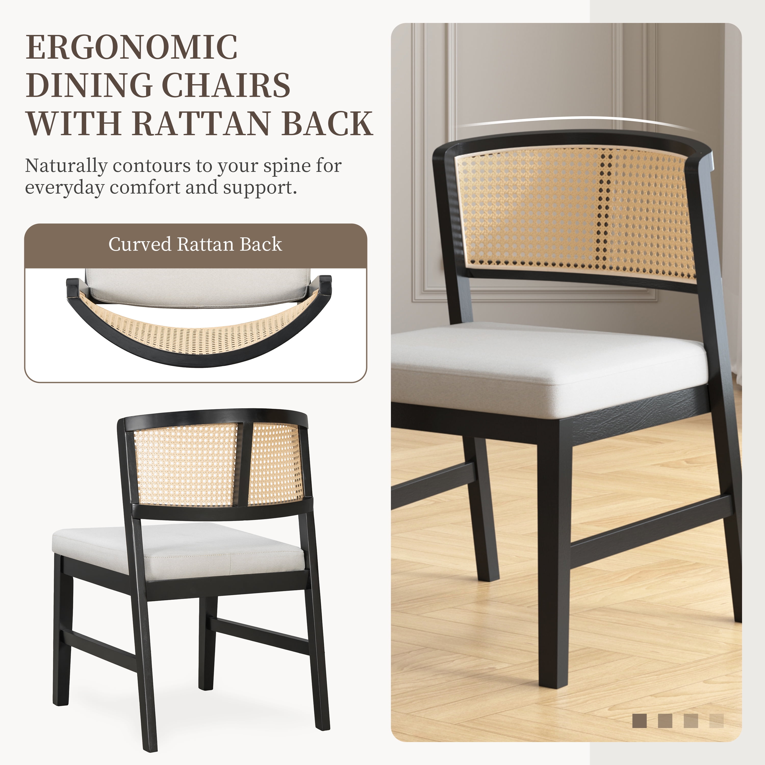 Dining Chair, Set of 2 Rattan Curved Backrest with Black Wood Frame and Beige Upholstered Seat, for Kitchen Dining Room Restaurant