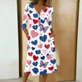 thumbnail image 2 of Women's Independence Day 250 Years Anniversary Patriotic Dress 3/4 Sleeve Button Neck PrintedDress Star Pattern Loose Fit Casual Summer USA Flag Artistic Design for Daily Wear Events Watermelon Red S, 2 of 4