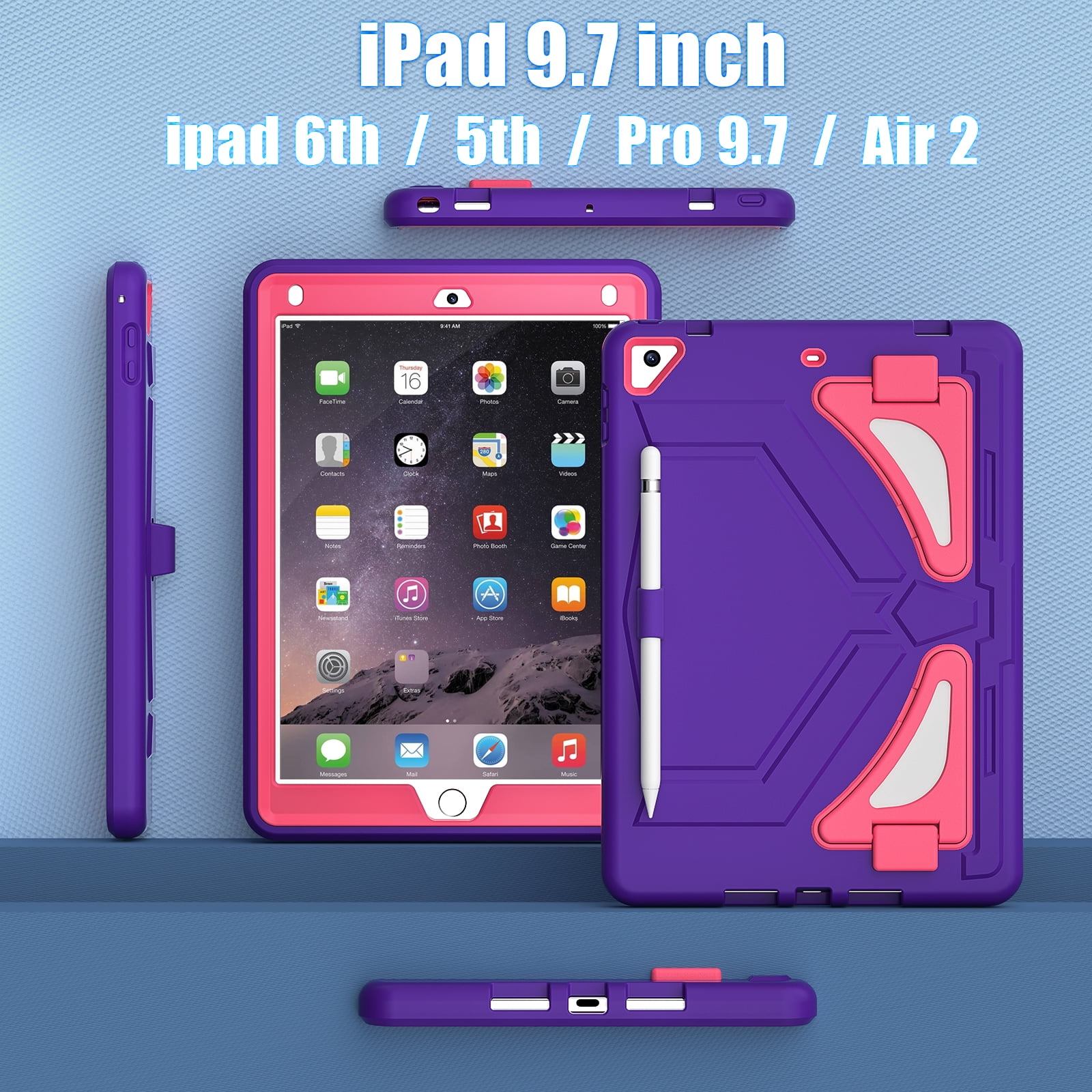 TECH CIRCLE Kids Case for iPad 9.7 2018/2017/iPad Air 2/Pro 9.7 with Pencil Holder,Shockproof Portable Handle Stand Protective Kids Case for iPad 9.7 Inch 6th Gen/5th Gen/Air 2/Pro 9.7",Purple/Rose