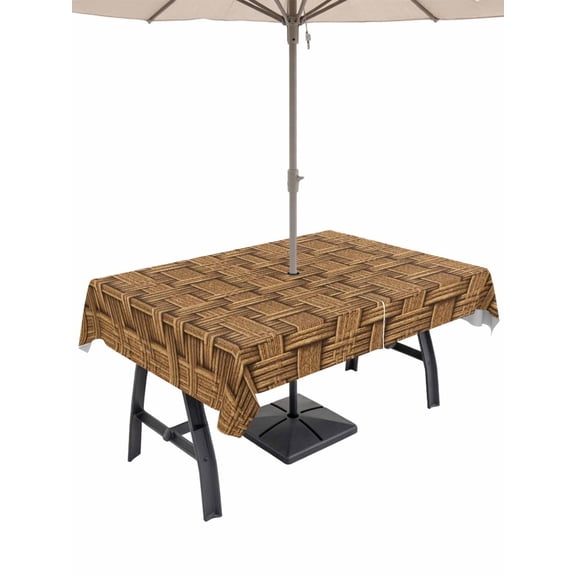 Outdoor Tablecloths with Umbrella Hole & Zipper, Vintage Rattan 54x80 Inch Tablecloth Rectangle, Minimalist Abstract Wicker Texture Brown Waterproof Table Cloth, Patio/Pool/Picnic Table Covers