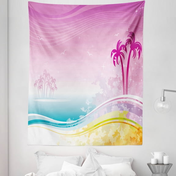 Luau Tapestry, Fantasy Beach in Hawaiian Landscape Dreamy Island Coast Aloha Summer Holiday Design, Fabric Wall Hanging Decor for Bedroom Living Room Dorm, 5 Sizes, Multicolor, by Ambesonne