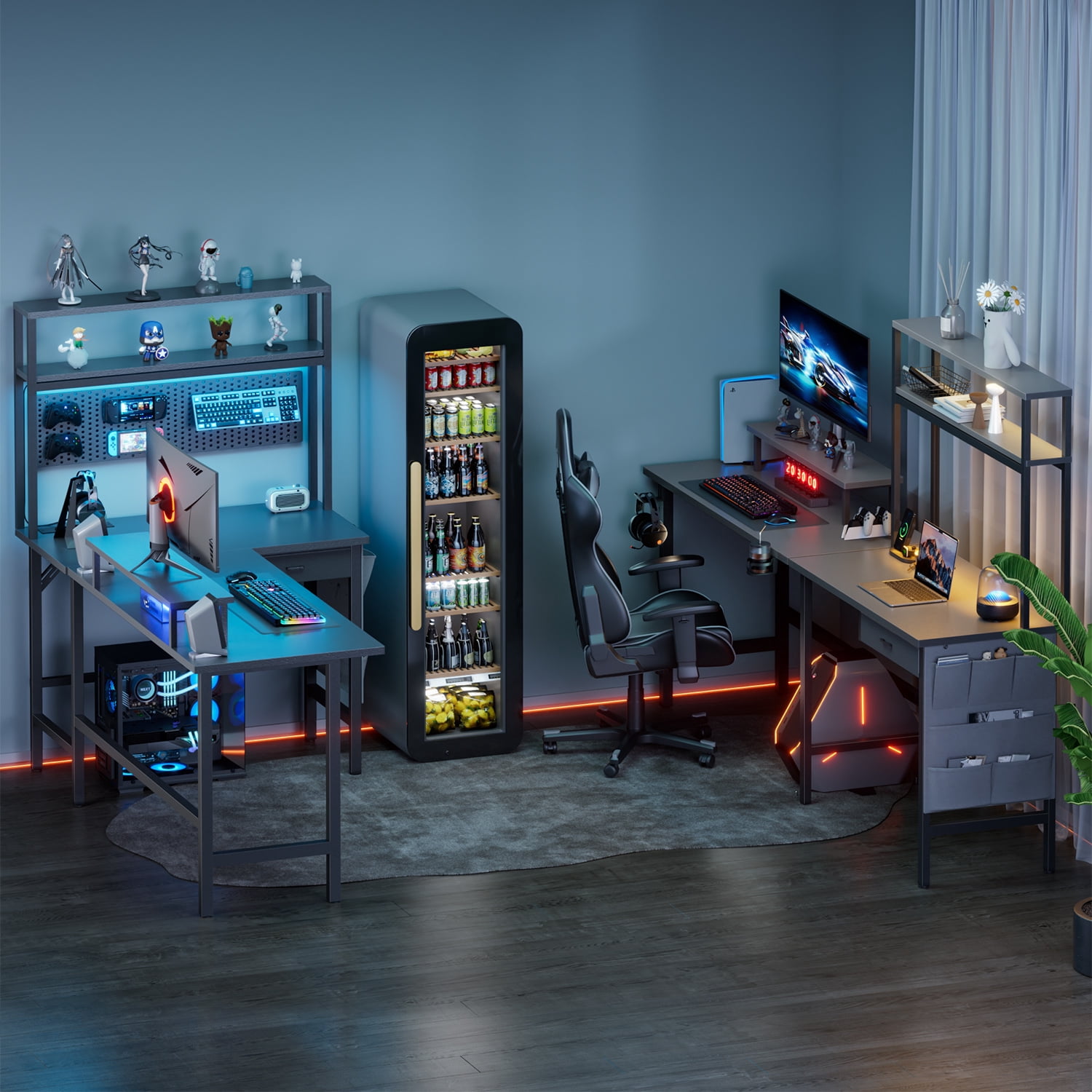 HLDIRECT L Shaped Gaming Desk with LED Light & Power Outlet, 59 Inch Reversible Corner Computer Desk with Storage Shelves & Drawer & Bag, Game Table with Hutch Monitor Stand, Gray