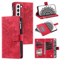 Mantto Crossbody Case for Samsung Galaxy S21 FE 5G,Embossed Pattern PU Leather Zipper Pocket Magnetic Flip Holder ID Credit Card Slots Wallet Phone Case with Detachable Shoulder Strap,Red