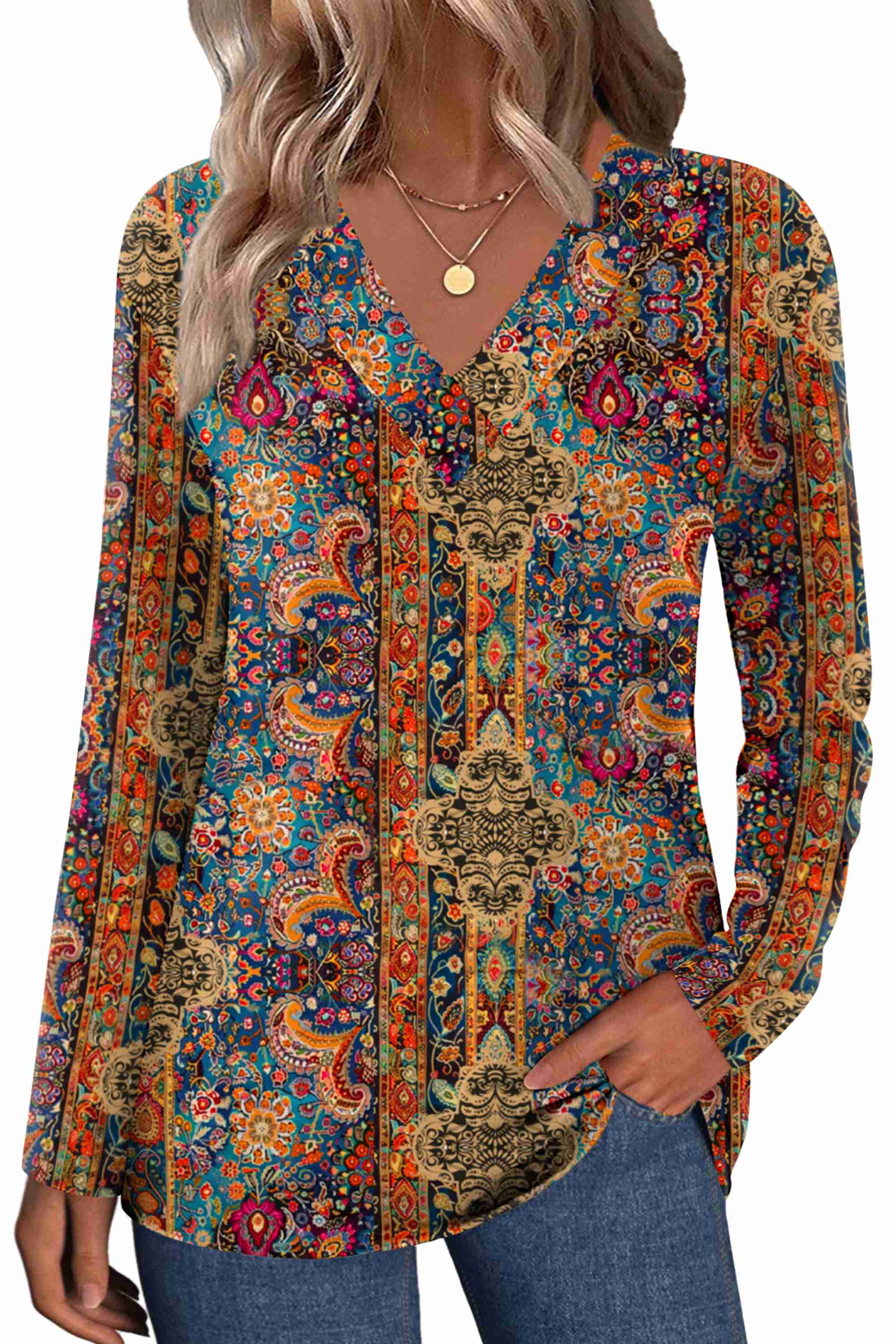 Zeagoo Cute Summer Boho Tops for Women V Neck Long Sleeve Blouses Floral Shirts Casual Tee Shirt