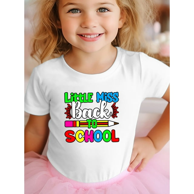 Girls' First Day of School outfit - Little Miss Back to School Graphic Tee with School icons - Stretchy Knit Top for Preschool - Machine Washable Back-to-School Shirt, School Clothes, Comfortable Fit