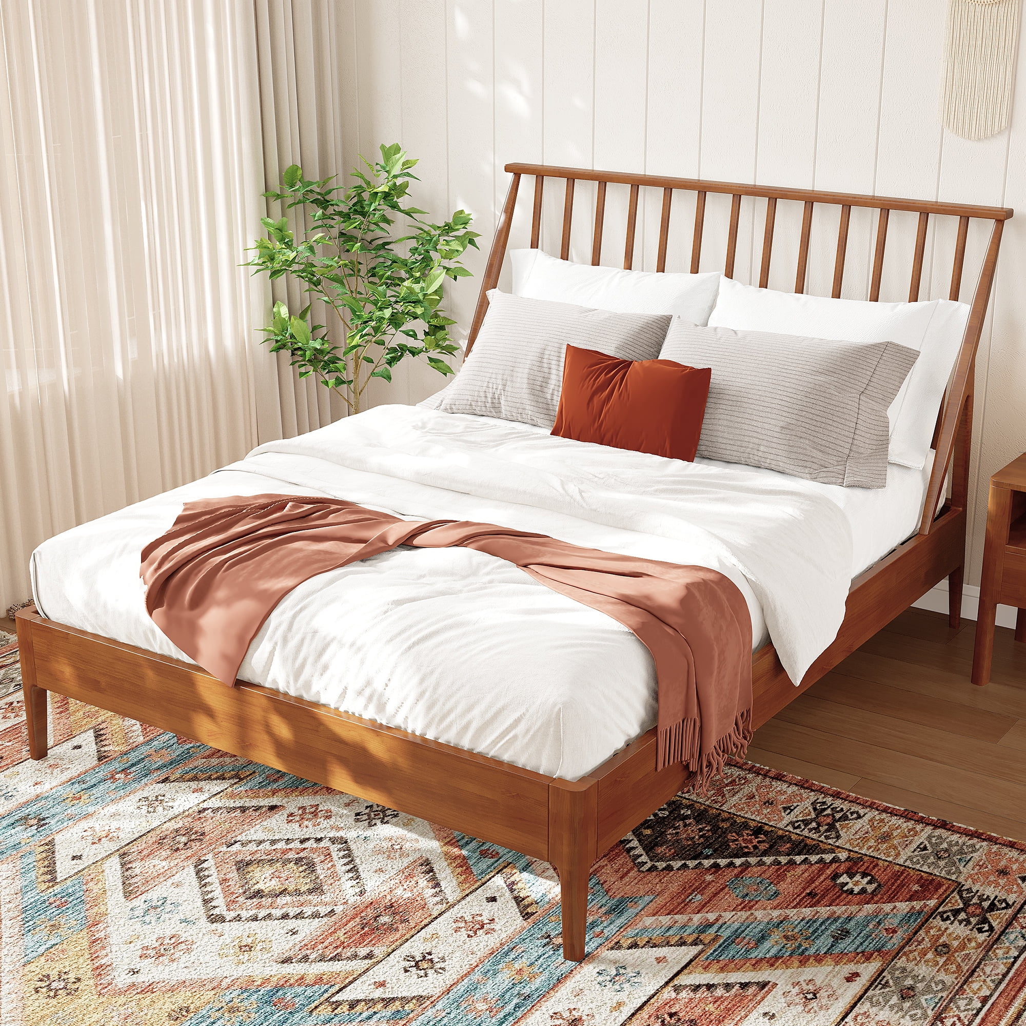 Euroco Bamboo Wood Spindle Queen Size Platform Bed with Tall Headboard, Bohemian Bed Frame with Wooden Slats and Metal Support, Mid-Century Modern Style, Warm Brown