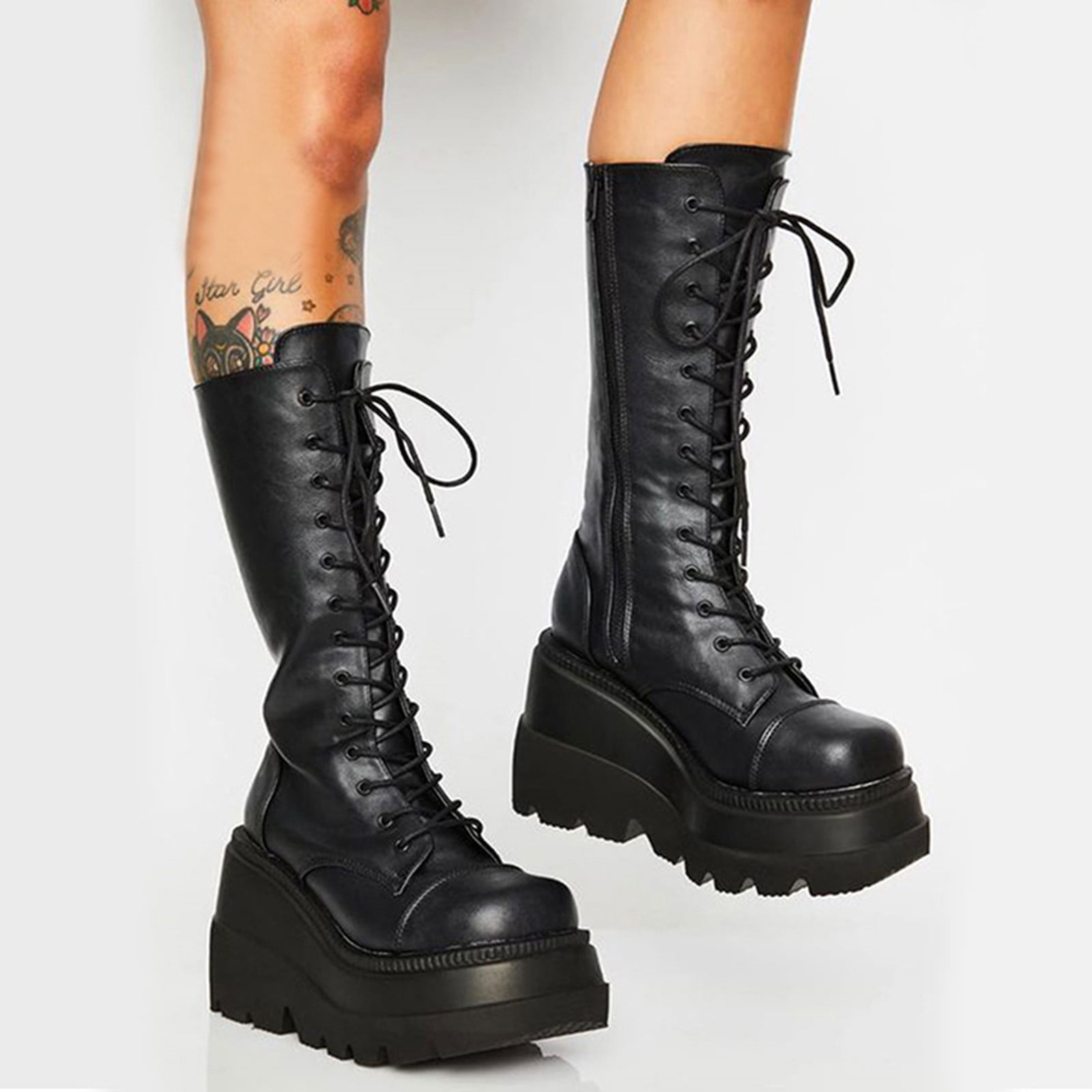 Furcross Women Goth Punk Platform Boots Chunky Heel Knee High Back Motorcycle Zipper Combat Boots