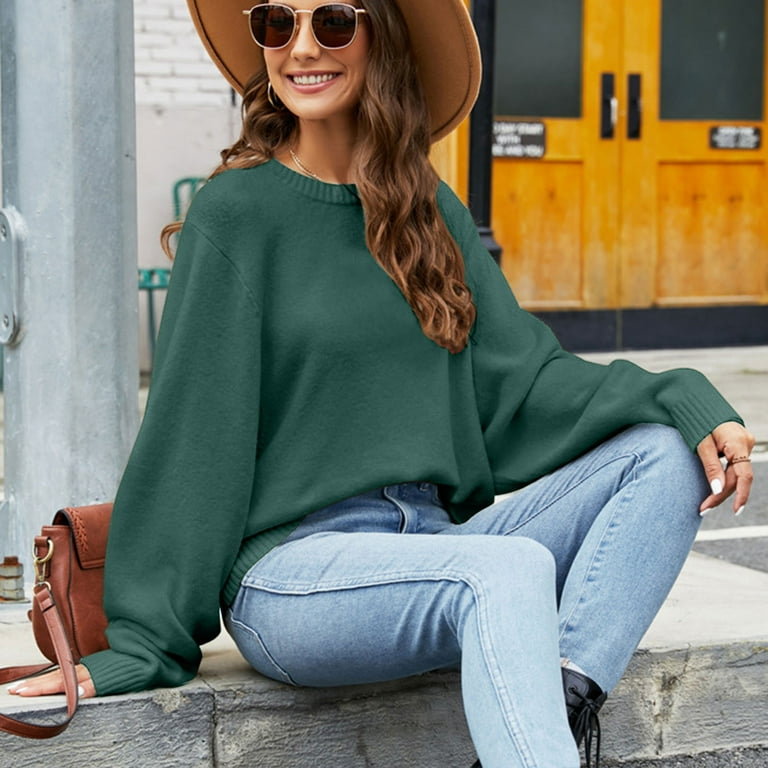 Yyeselk Oversized Sweaters for Women Casual Long Sleeve Drop Shoulder Solid  Color Slouchy Soft Knitted Crew Neck Comfy Jumper Tops with Leggings Green