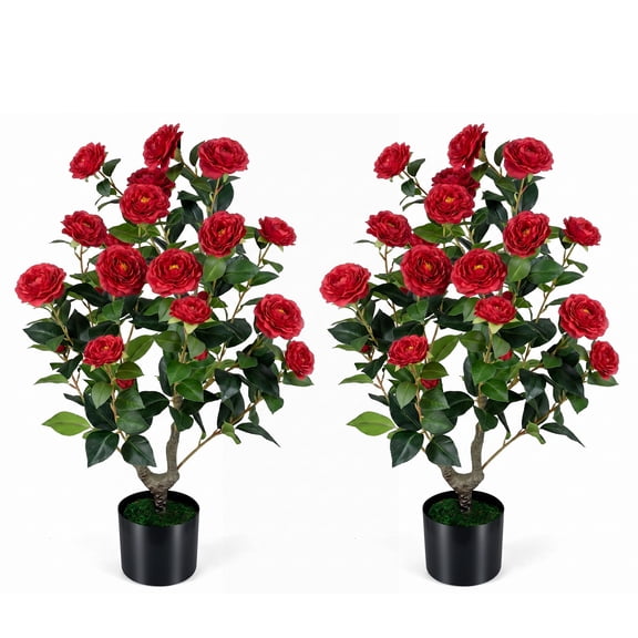 Gymax 2 Pack Artificial Camellia Tree 35.5'' Faux Flower Plant in Cement-Filled Pot for Home