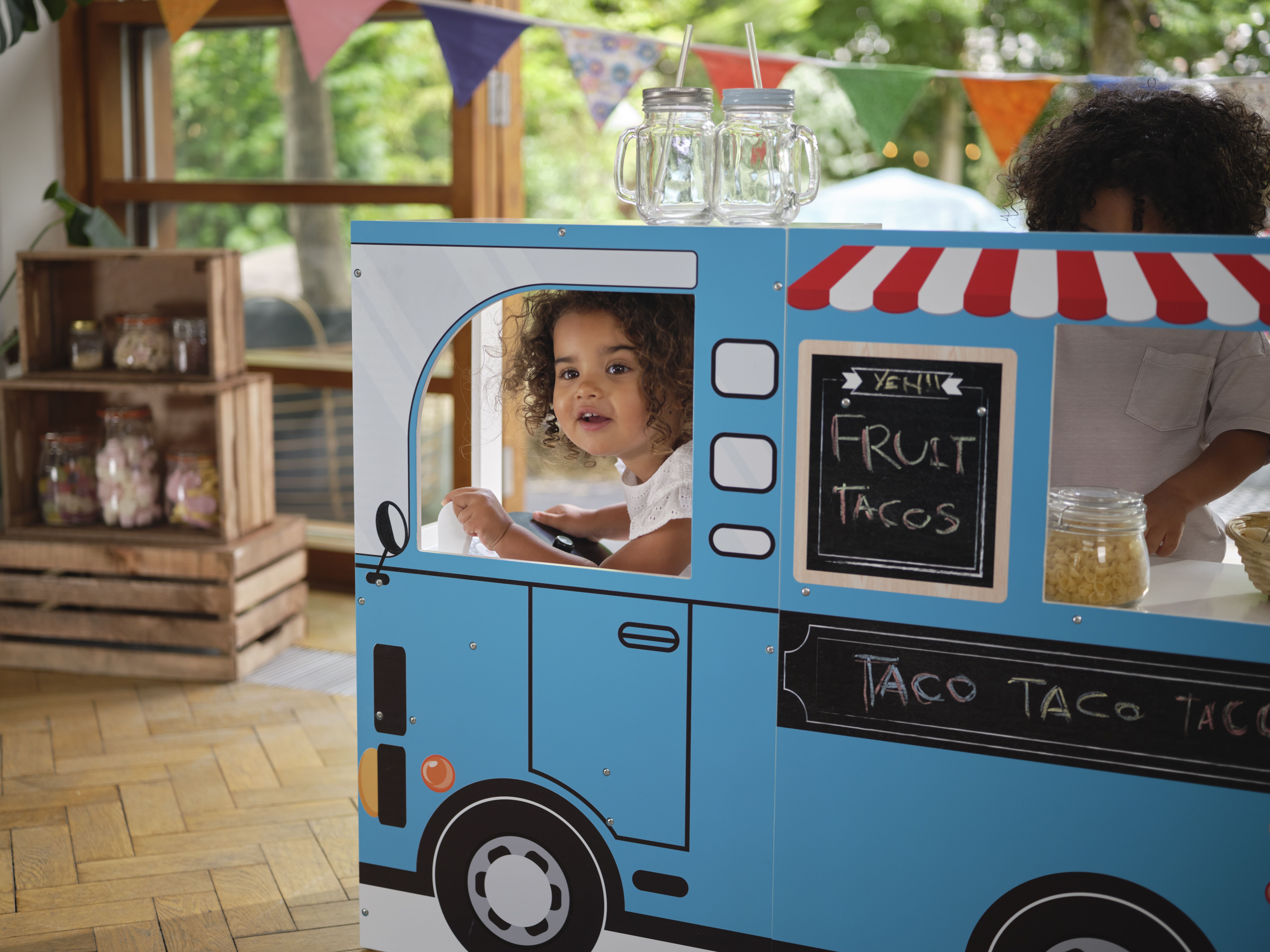 Plum Play 3-in-1 Wooden Street Food Truck and Kitchen with Driving Cab, #41108AD83, Light-Up Burners with Sound, Kitchen Utensils.  41.33" x 12" x 31.5" - image 5 of 19