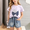thumbnail image 2 of Girls Cotton 2 Piece Outfits Summer Cute Short Sleeve Rhinestone Bow Printed T-Shirt and Elastic Waist Denim Shorts Set Purple 1-2Years, 2 of 9