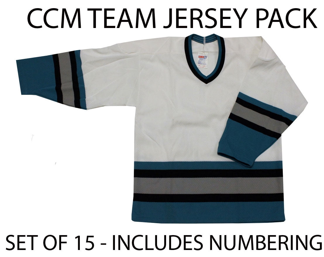 YOUTH JERSEY Team Set 15 CCM HOCKEY JERSEYS Sharks Colors BOYS L XL + NUMBERING by