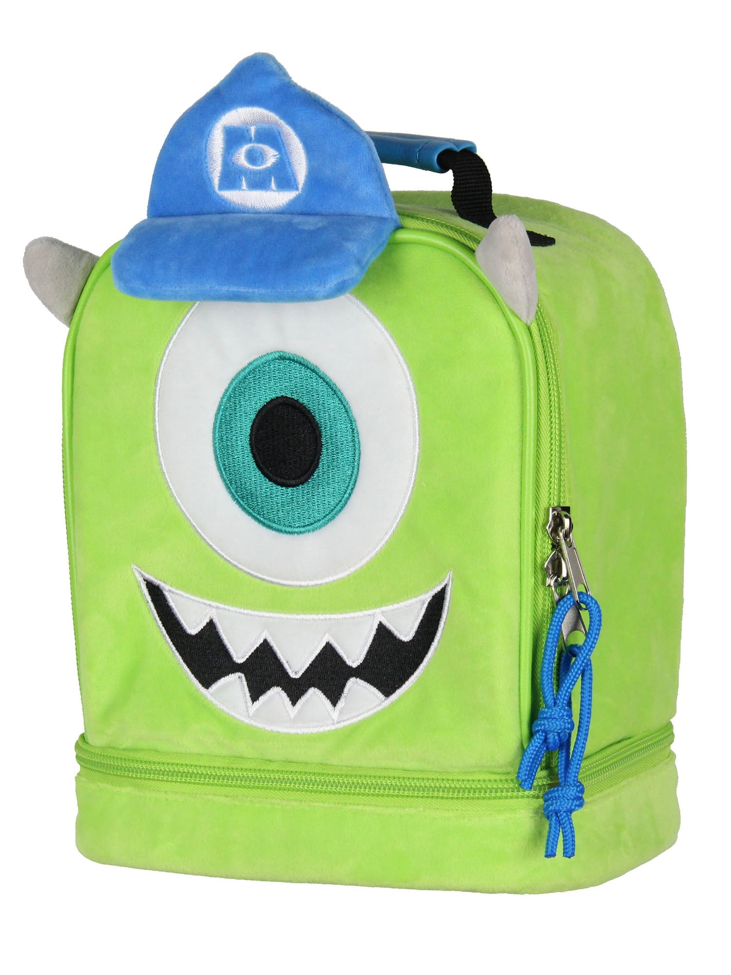 Disney Monsters Inc Lunch Box Mike Wazowski Plush Fuzzy Embroidered Face 3D Ears and Hat Insulated Lunch Bag Tote For Hot And Cold Food 9"