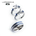 thumbnail image 2 of Wedding Ring Sets Couples Rings 10kt White Gold Plated Blue Sapphire Cz Titanium band 3pc, 2 of 4