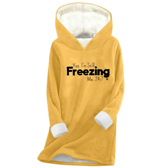 Home Wear For Women Hooded Letter Print Pullover Tops Thicken Velvet Thermal Oversized Casual Fleece Winter Pajamas (XL, Yellow-A)
