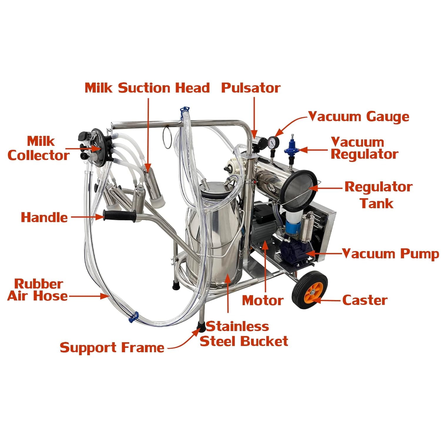 Vacuum Pump Milking Machine Milker Machine with 25L Milk Bucket 10-12 Cows Per Hour 110V for Cows and Goat