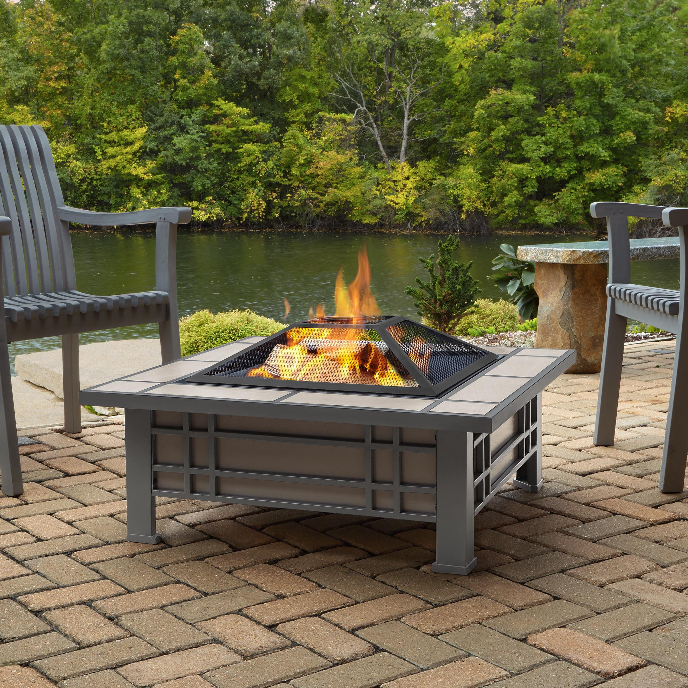 Morrison Fire Pit with Cream Tile Top and Gray Frame by Real Flame
