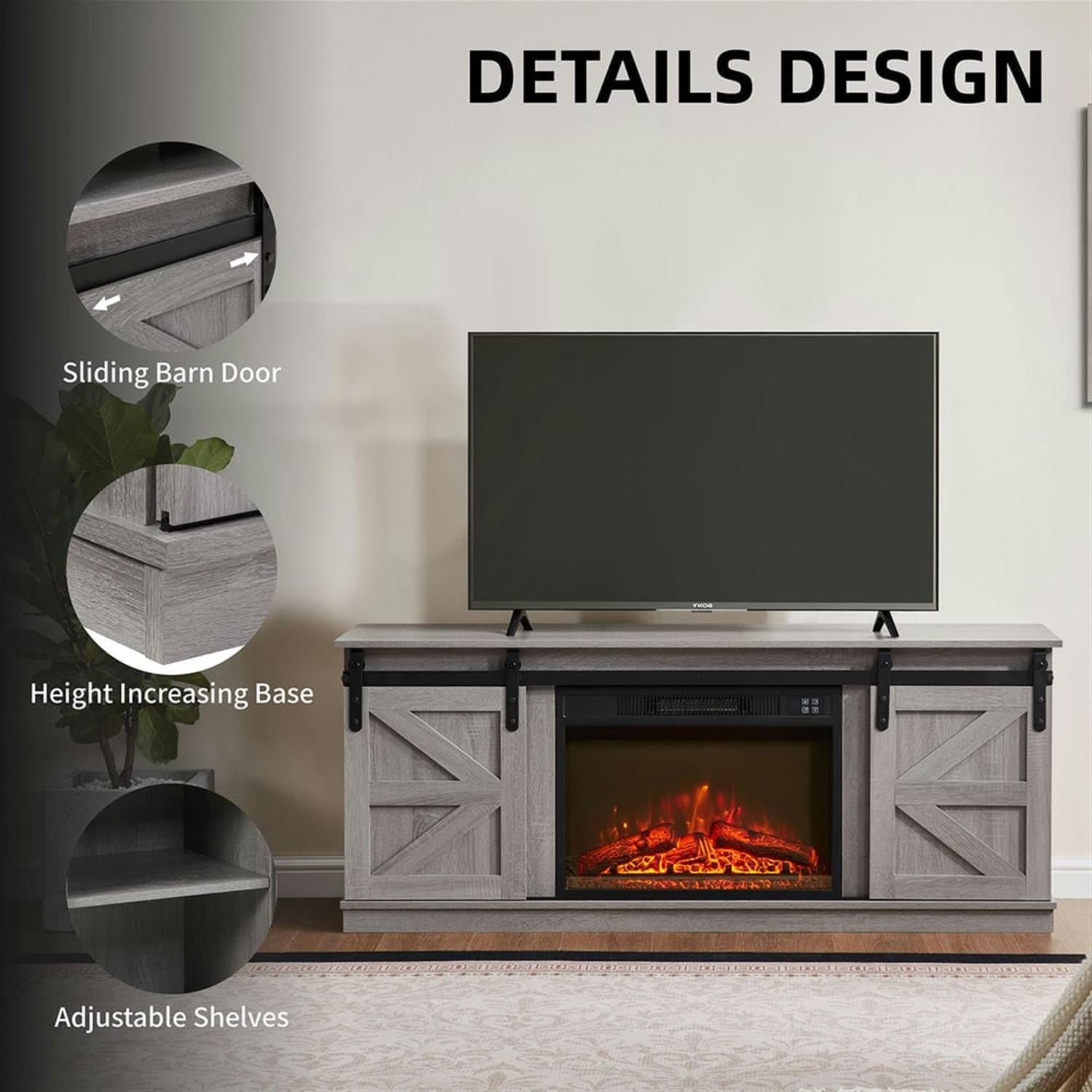 Demi Bonn Modern Fireplace TV Stand for Television up to 65" with Storage and Farmhouse Sliding Barn Doors, Entertainment Center with Cabinet and Shelves, Gray