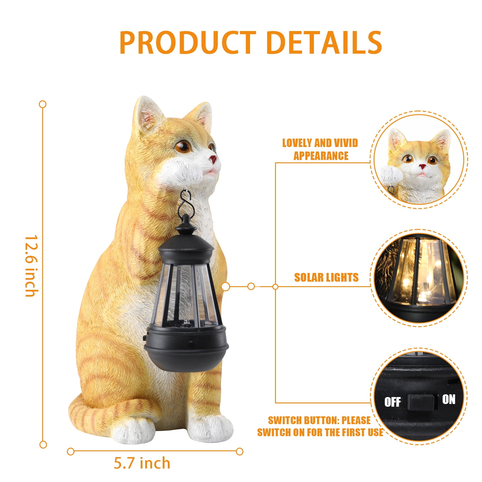 Outdoor Statue,Orange Tabby Cat Garden Statue with Solar Lantern – Lifelike Resin Decor for Patio, Lawn & Outdoor Spaces
