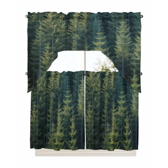 Green Forest Kitchen Curtains Swag Valance and Tier Curtains Set 36 Inch Length, Pine Tree Summer Botanical Modern Art Rod Pocket Drape Panels Pair Swag Curtains for Bathroom/Cafe/Window