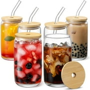 Glass Cups with Bamboo Lids and Glass Straw - Beer Shaped Drinking Glasses,Iced Coffee Glasses, Cute Tumbler Cup for Smoothie, Boba Tea, Whiskey, Water
