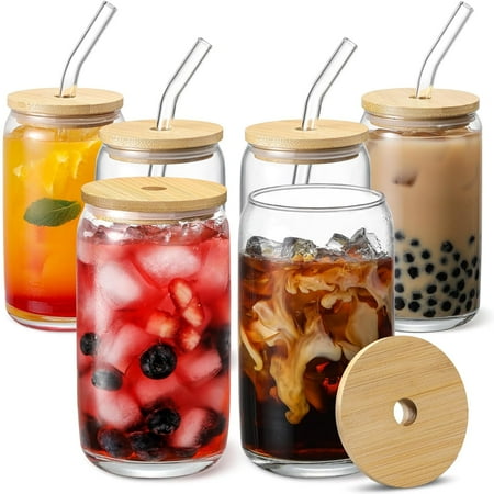 Glass Cups with Bamboo Lids and Glass Straw - Beer Shaped Drinking Glasses,Iced Coffee Glasses, Cute Tumbler Cup for Smoothie, Boba Tea, Whiskey, Water