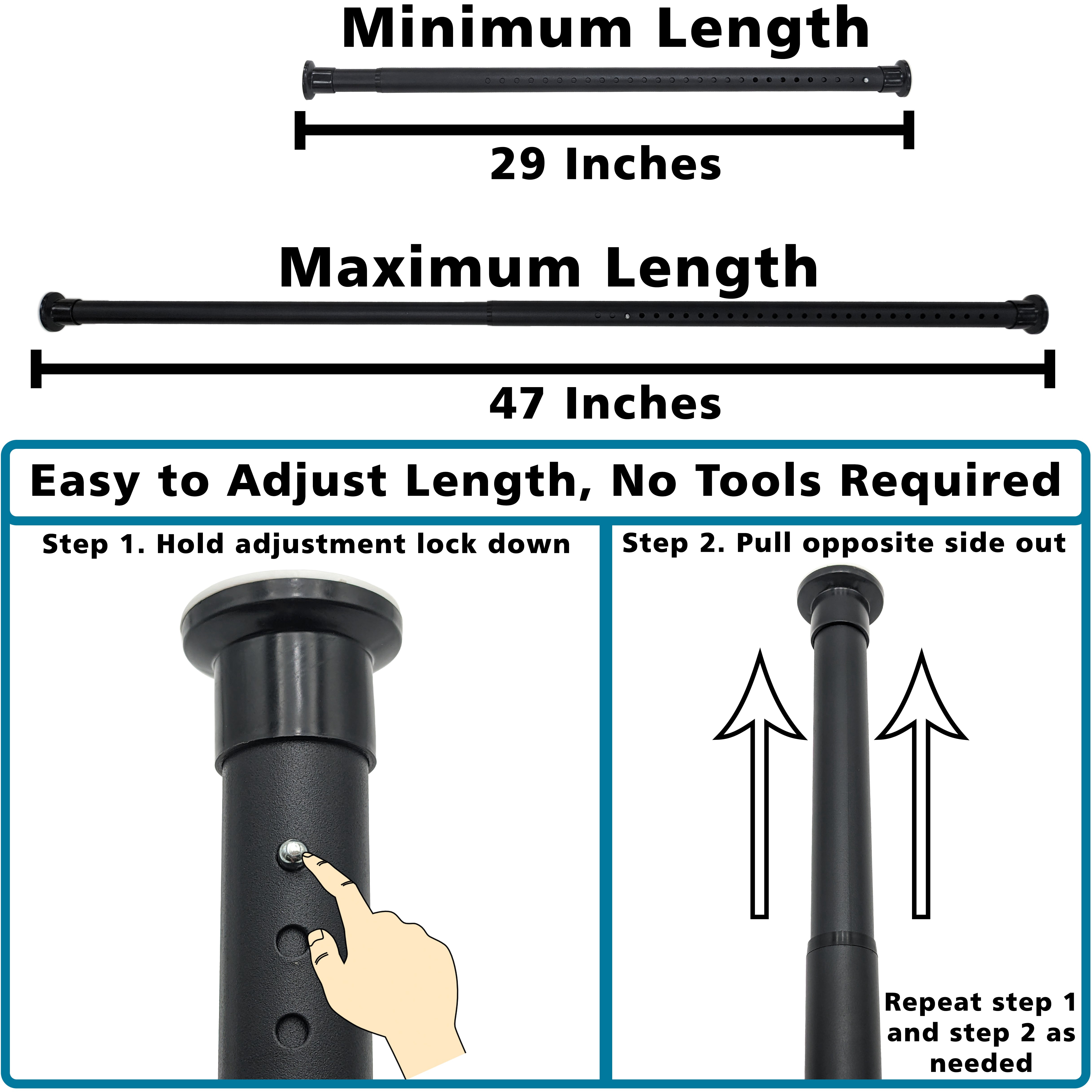 Adjustable 29-inch to 47-inch Steel Curtain Rod for Shower, Doorway, Window - Plastic Heads, Black Color - Easy Installation without Drilling