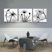 3 Panels Flowers Artwork Painting Prints Pictures Canvas Wall Art for Bathroom,Black and White,12" W x 12" H