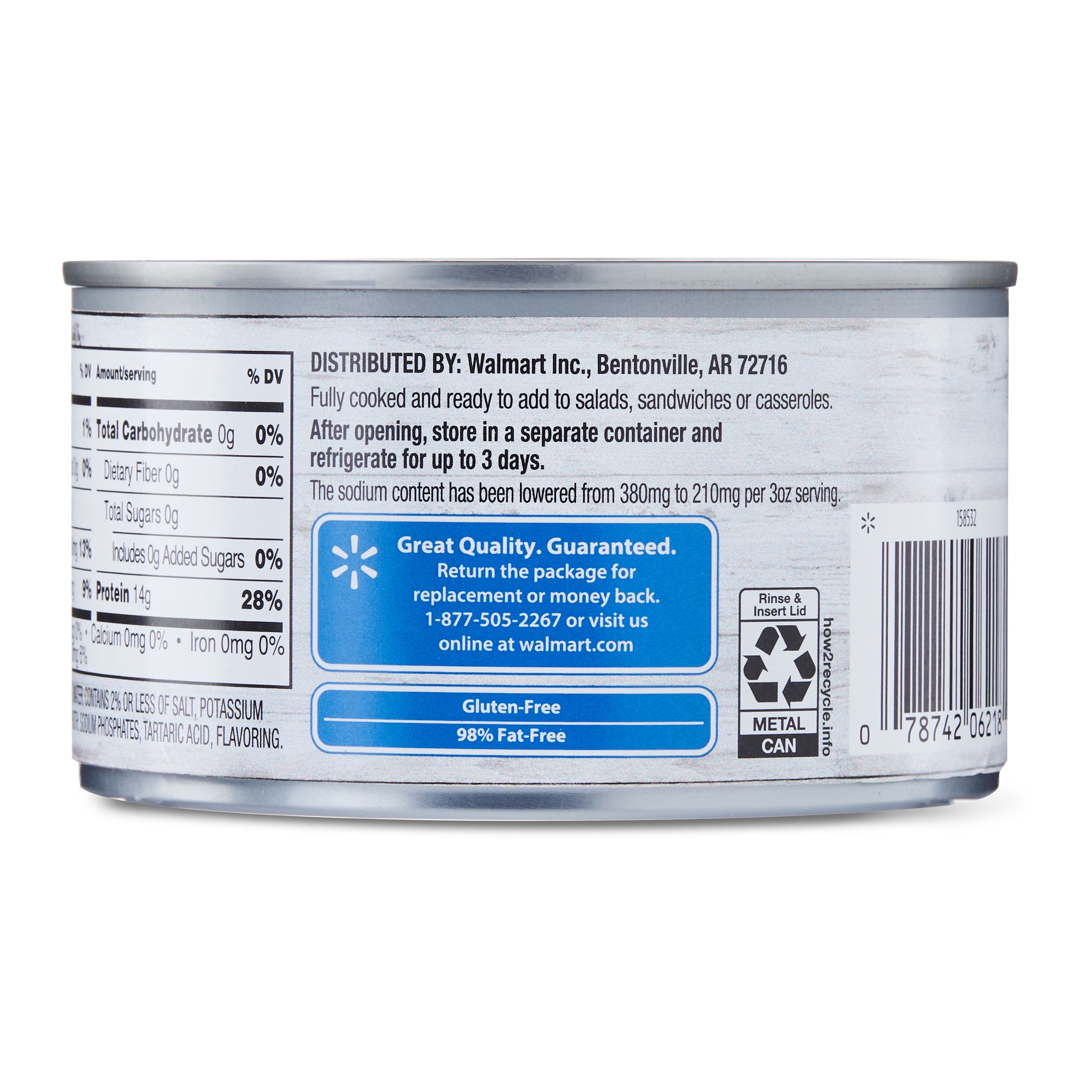 Great Value Less Sodium Chunk Chicken Breast with Rib Meat in Water, Fully Cooked, 12.5 oz Can