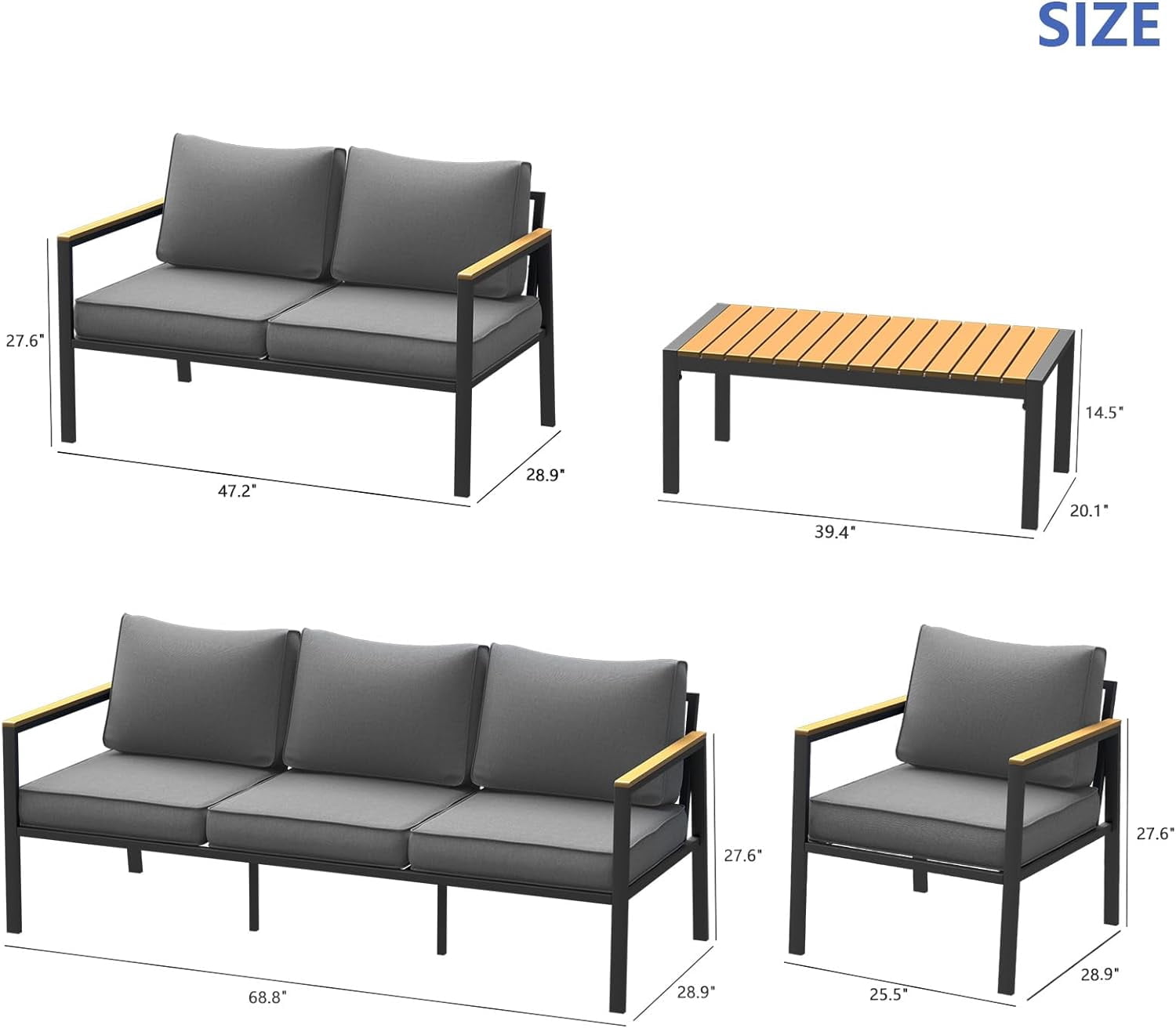 Aluminum Patio Furniture Set,5-Piece Outdoor Mental Patio Conversation Set, Morden Sectional Sofa with Plastic-Wood Armrest & Table, Fits Garden Backyard Balcony (Grey)