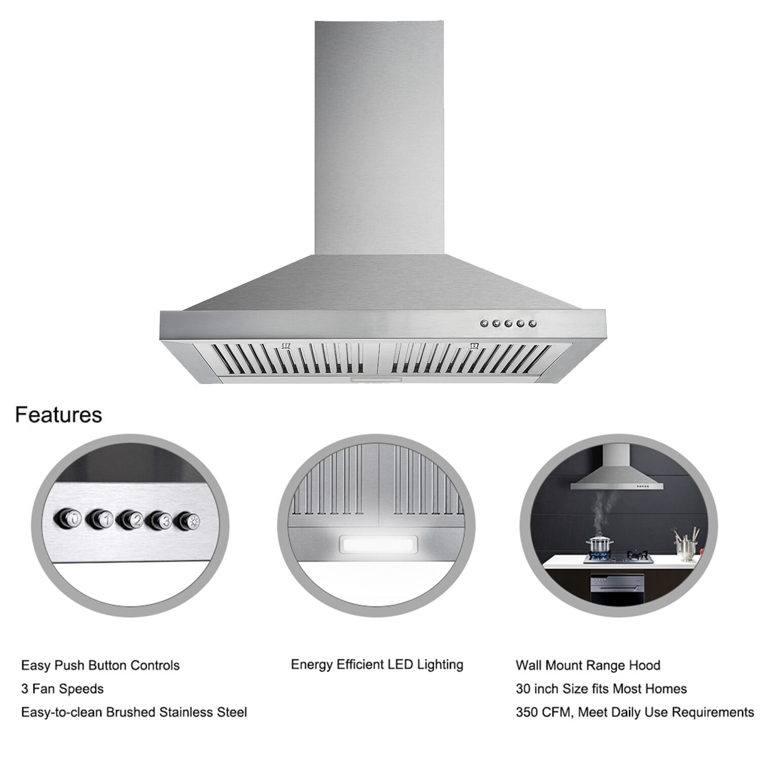 Joeaonz 30-Inch Chimney Hood with Stainless Steel Filters & LED Lighting
